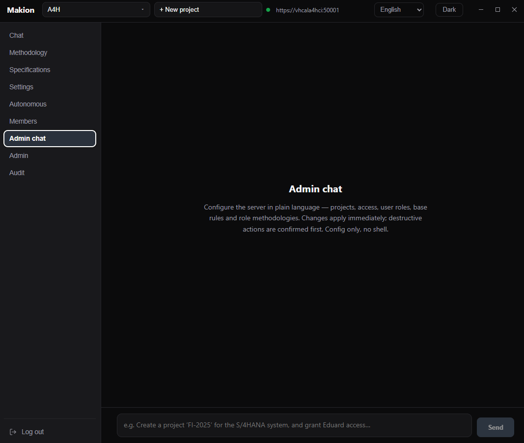 Screenshot of the Makion admin console, where the admin configures projects, access, roles and standards in plain language