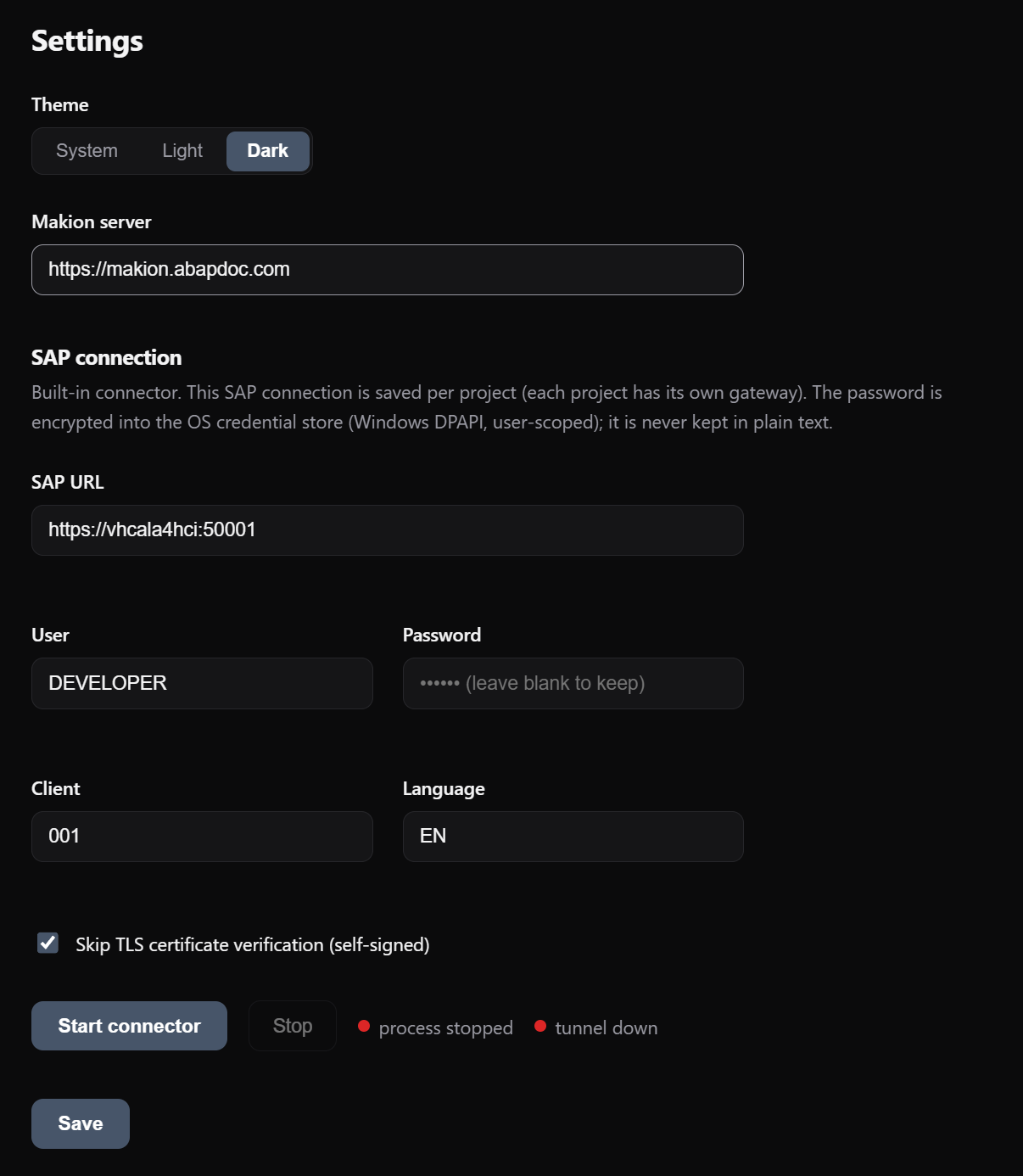 Makion — per-project SAP connection